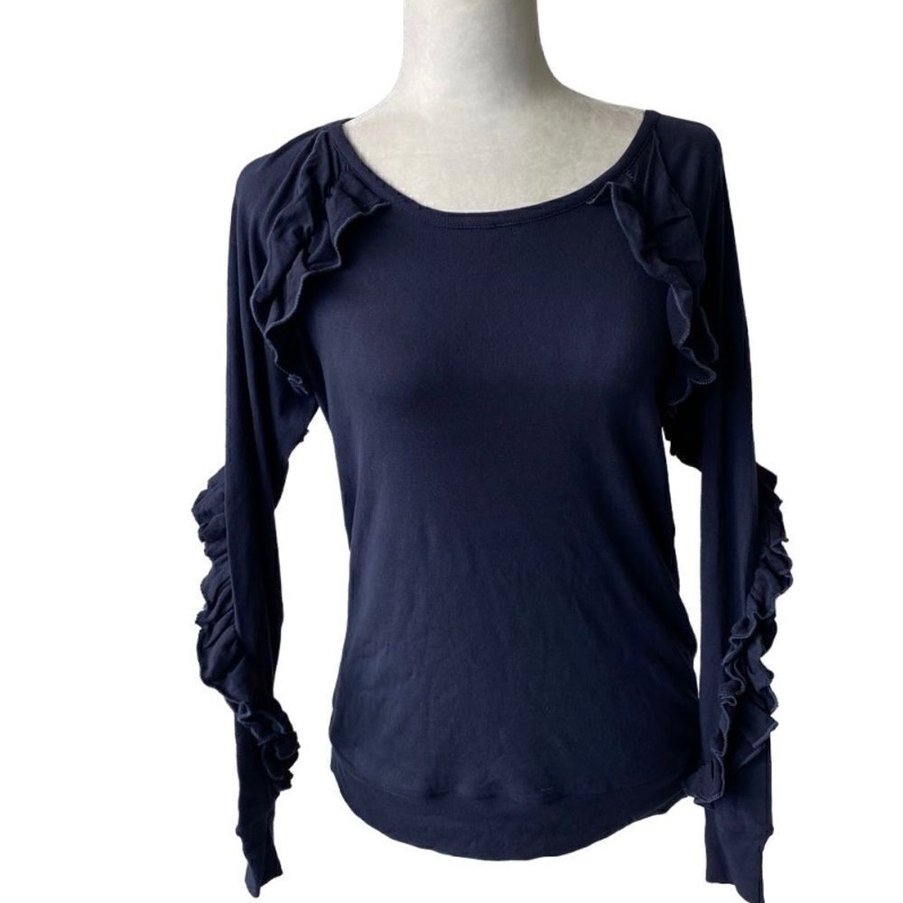 Chaser Womans Long Sleeve Blue Tee Ruffle Sleeve Detail SZ M NWT
